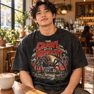 Lifestyle view of Spider Horror Feature retro horror spider shirt worn in a cozy coffee shop with the front artwork visible