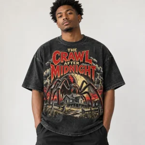 Model wearing washed black oversized Spider Horror Feature tee with THE CRAWL AFTER MIDNIGHT spider horror poster print