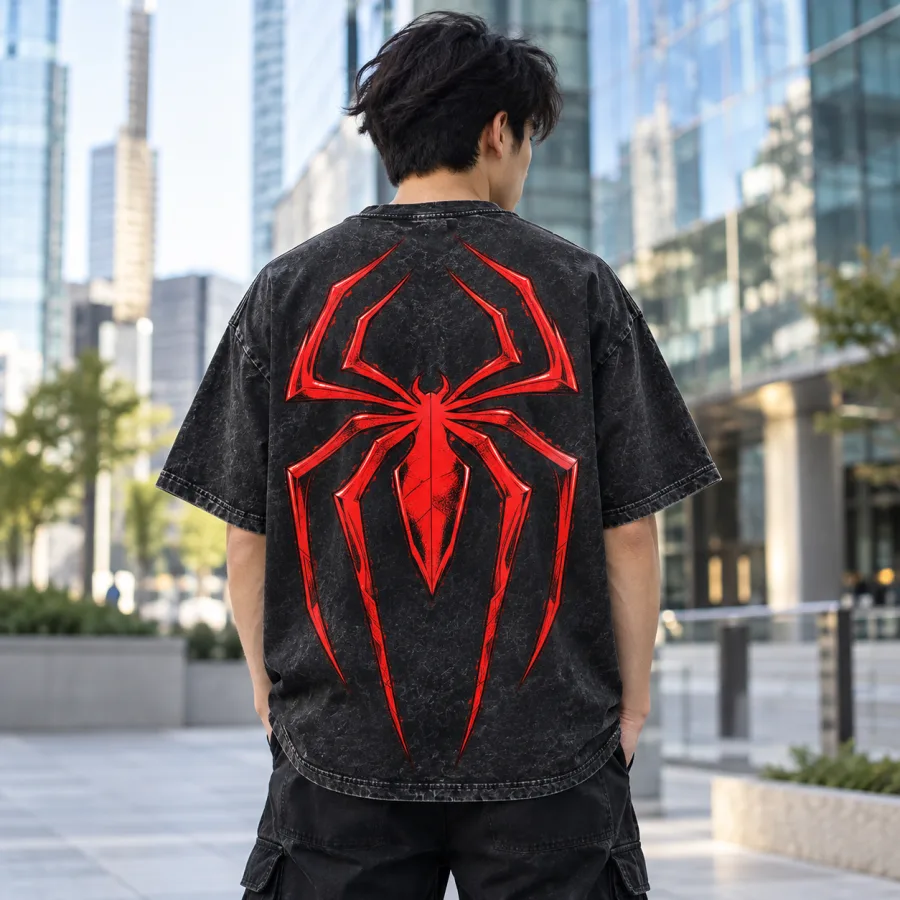 Back view of Spider-Man Acid Wash Back Emblem tee showing the huge red emblem