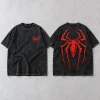 Front flat lay of acid-wash black Spider-Man Acid Wash Back Emblem tee with small red chest emblem
