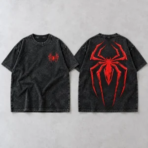 Front flat lay of acid-wash black Spider-Man Acid Wash Back Emblem tee with small red chest emblem