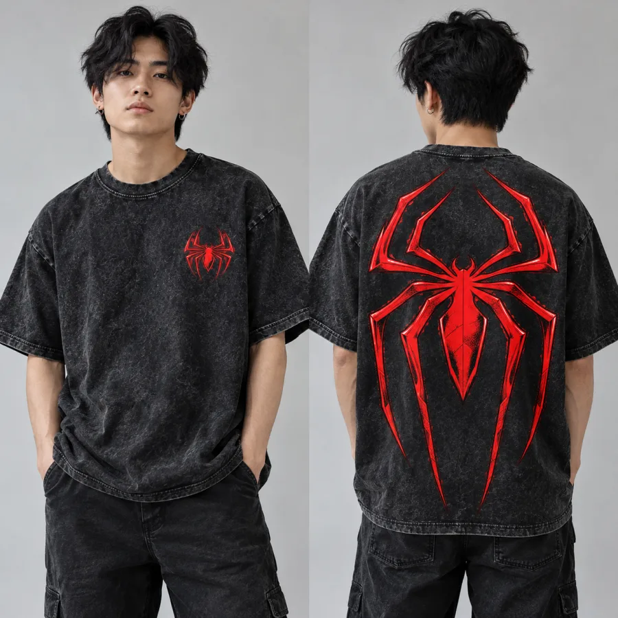 Model wearing acid-wash black Spider-Man Acid Wash Back Emblem oversized tee