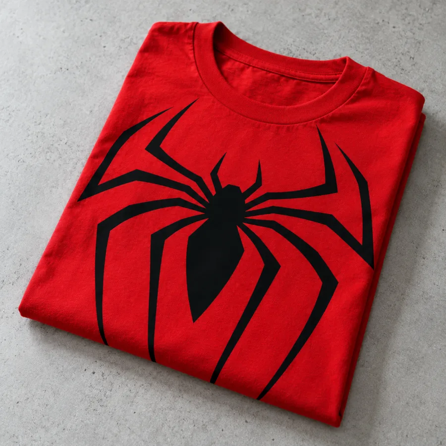 Folded red Spider-Man Black Emblem on Red shirt showing the emblem