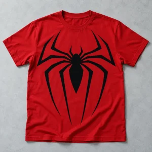 Front flat lay of red Spider-Man Black Emblem on Red tee