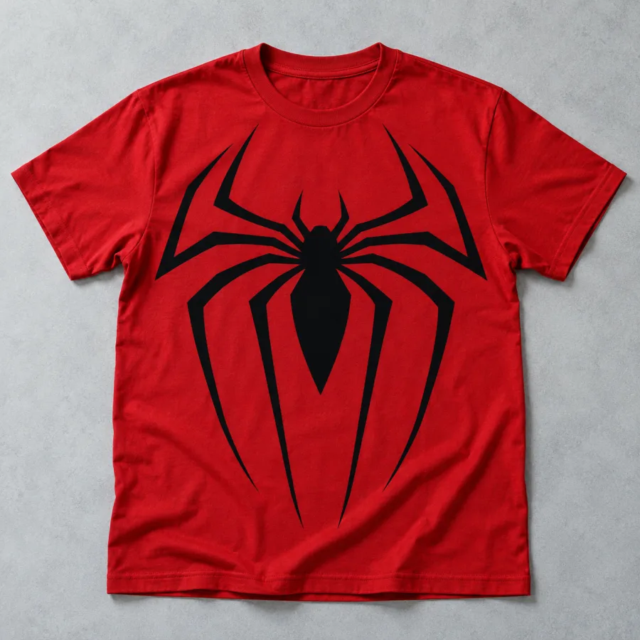 Front flat lay of red Spider-Man Black Emblem on Red tee