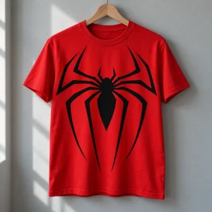 Red Spider-Man Black Emblem on Red tee on a wooden hanger