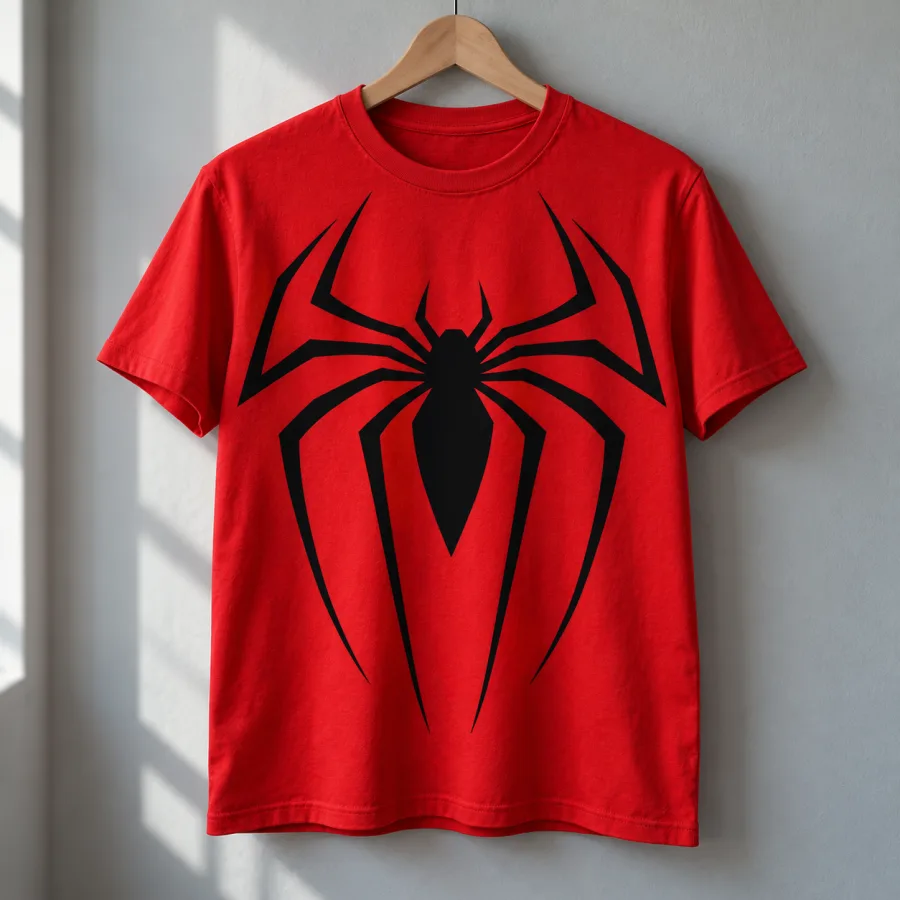 Red Spider-Man Black Emblem on Red tee on a wooden hanger