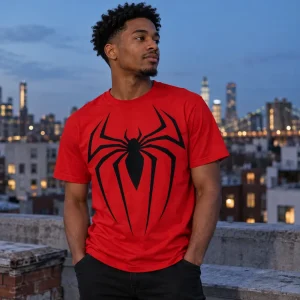 Fan wearing Spider-Man Black Emblem on Red tee at a comic convention hall