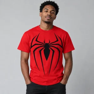 Man wearing red Spider-Man Black Emblem on Red tee with the black spider on the chest