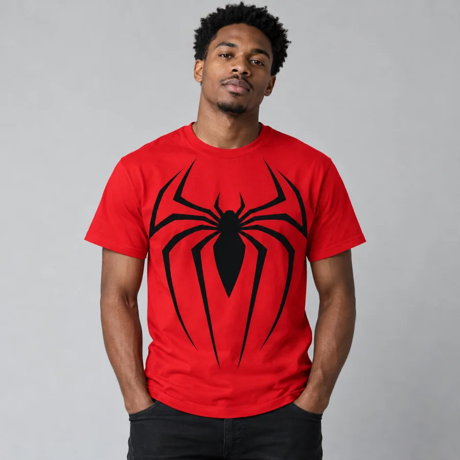 Man wearing red Spider-Man Black Emblem on Red tee with the black spider on the chest