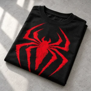 Folded black Spider-Man Classic Red Emblem shirt showing the red emblem