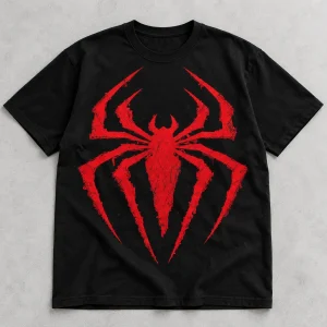 Front flat lay of black Spider-Man Classic Red Emblem heavyweight tee