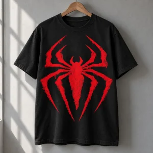 Black Spider-Man Classic Red Emblem tee hanging on a wooden hanger
