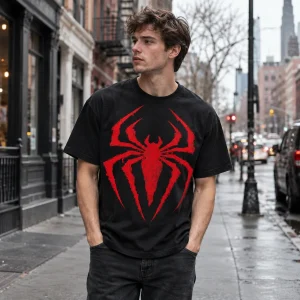 Fan wearing Spider-Man Classic Red Emblem tee outside a movie theater at night