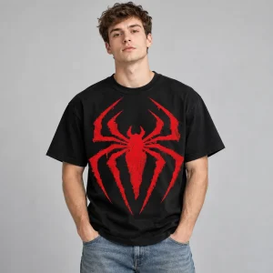 Man wearing black Spider-Man Classic Red Emblem tee with the red spider on the chest