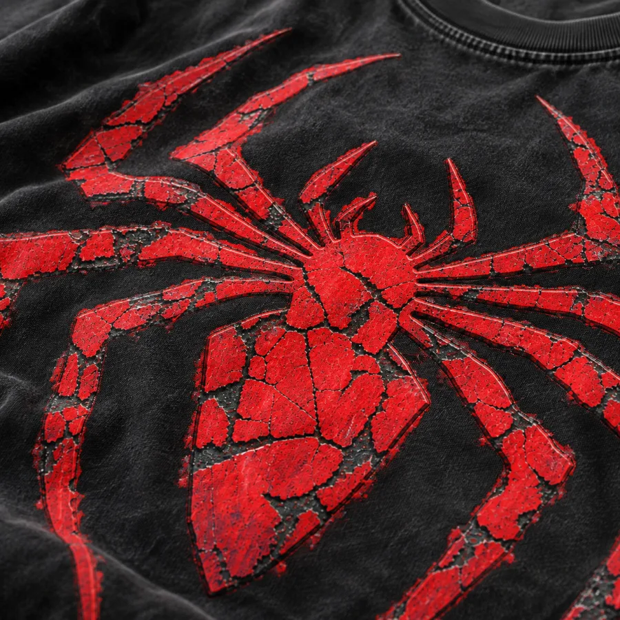 Close-up of cracked and chipped red paint texture on the spider emblem