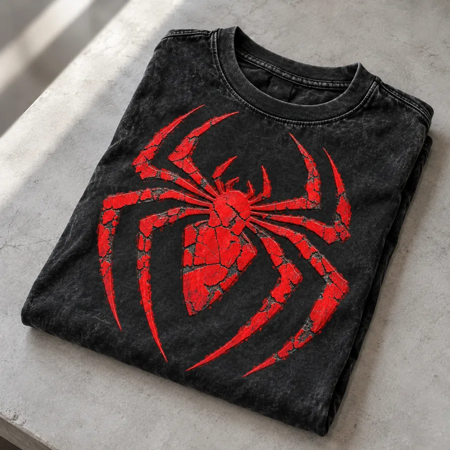 Folded washed black Spider-Man Cracked Emblem shirt showing the red emblem