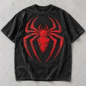 Front flat lay of washed black Spider-Man Cracked Emblem tee
