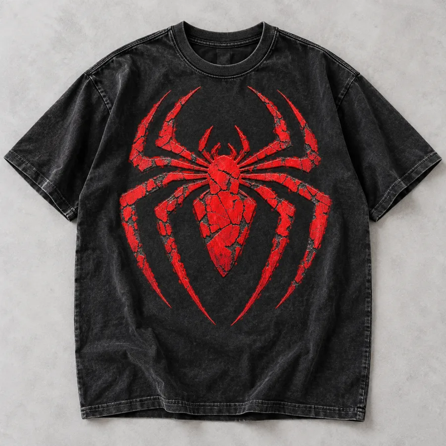 Front flat lay of washed black Spider-Man Cracked Emblem tee