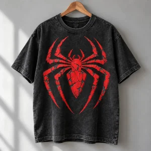 Washed black Spider-Man Cracked Emblem tee on a metal hanger