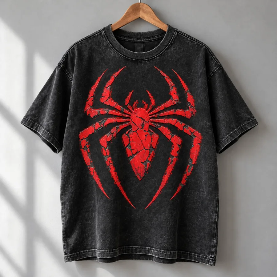 Washed black Spider-Man Cracked Emblem tee on a metal hanger