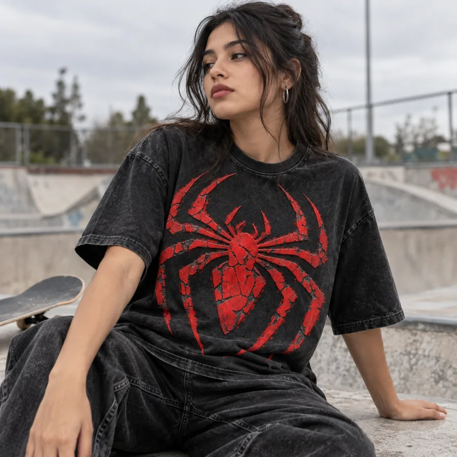 Young man wearing Spider-Man Cracked Emblem tee on a brick rooftop at sunset