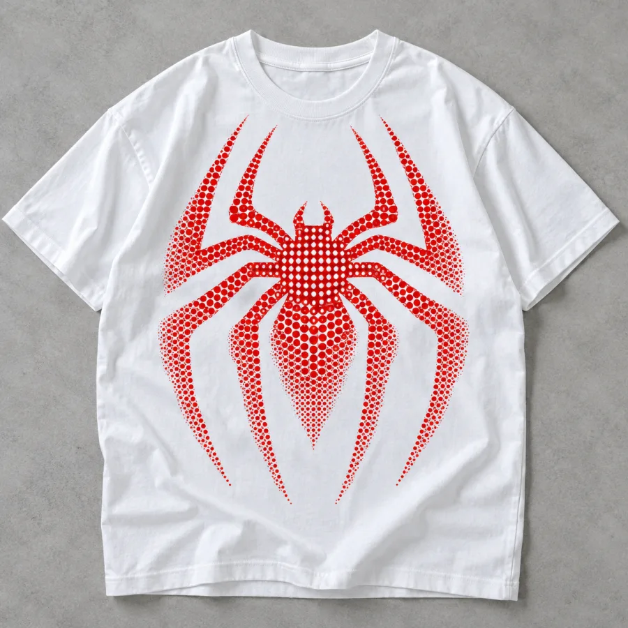 Front flat lay of white Spider-Man Halftone Emblem t shirt