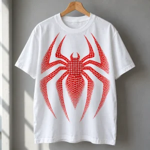 White Spider-Man Halftone Emblem tee on a wooden hanger