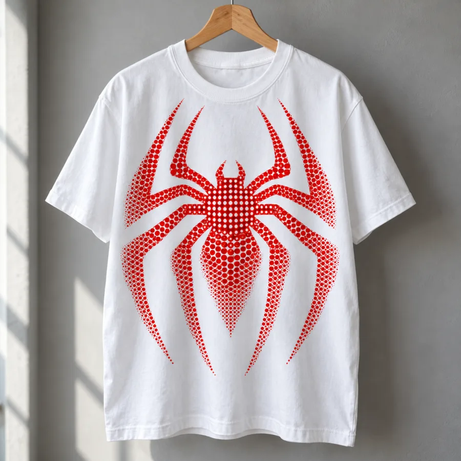 White Spider-Man Halftone Emblem tee on a wooden hanger
