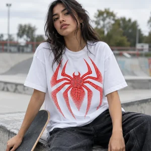 Person in Spider-Man Halftone Emblem tee browsing a comic book shop