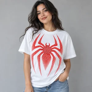 Model wearing white Spider-Man Halftone Emblem tee with jeans