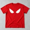Front flat lay of red Spider-Man Mask Eyes Minimal tee with white eyes near the collar