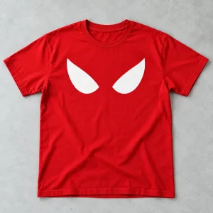 Front flat lay of red Spider-Man Mask Eyes Minimal tee with white eyes near the collar