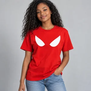 Woman wearing red Spider-Man Mask Eyes Minimal t-shirt with jeans