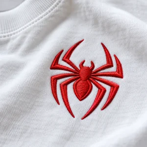 Close-up of embroidered-look red spider emblem on white cotton