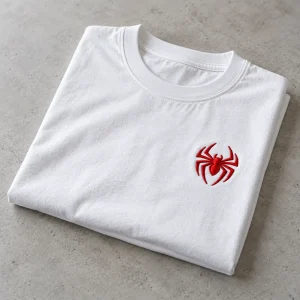 Folded white Spider-Man t-shirt with small red chest emblem