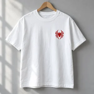 White Spider-Man Pocket Emblem tee on a hanger