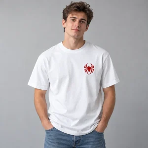 Model wearing white Spider-Man Pocket Emblem t-shirt