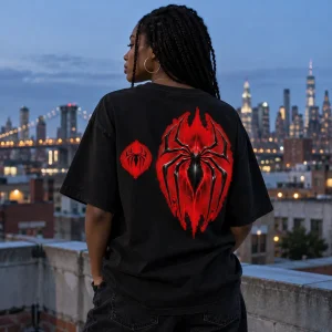 Back view of Spider-Man Shadow Emblem tee showing black emblem with red glow