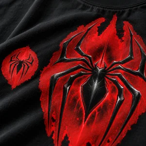 Close-up of the red glow around the black spider emblem print