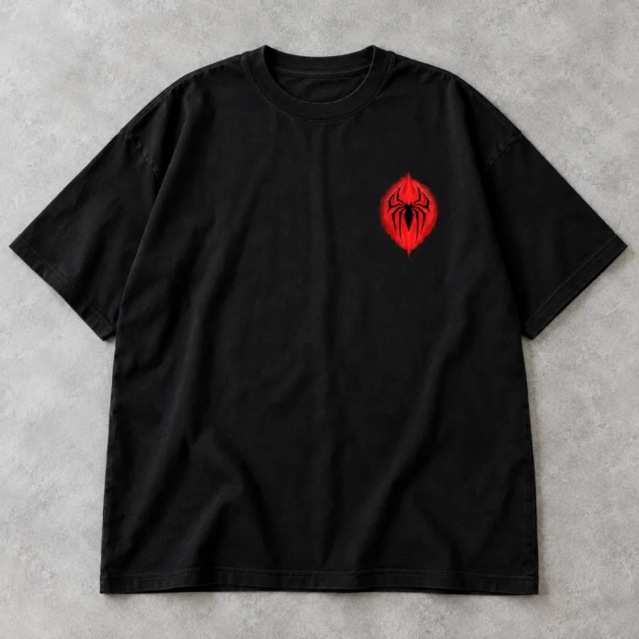 Front flat lay of black Spider-Man Shadow Emblem oversized t shirt