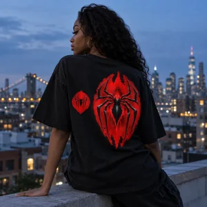 Young man in Spider-Man Shadow Emblem tee walking down a city street at night