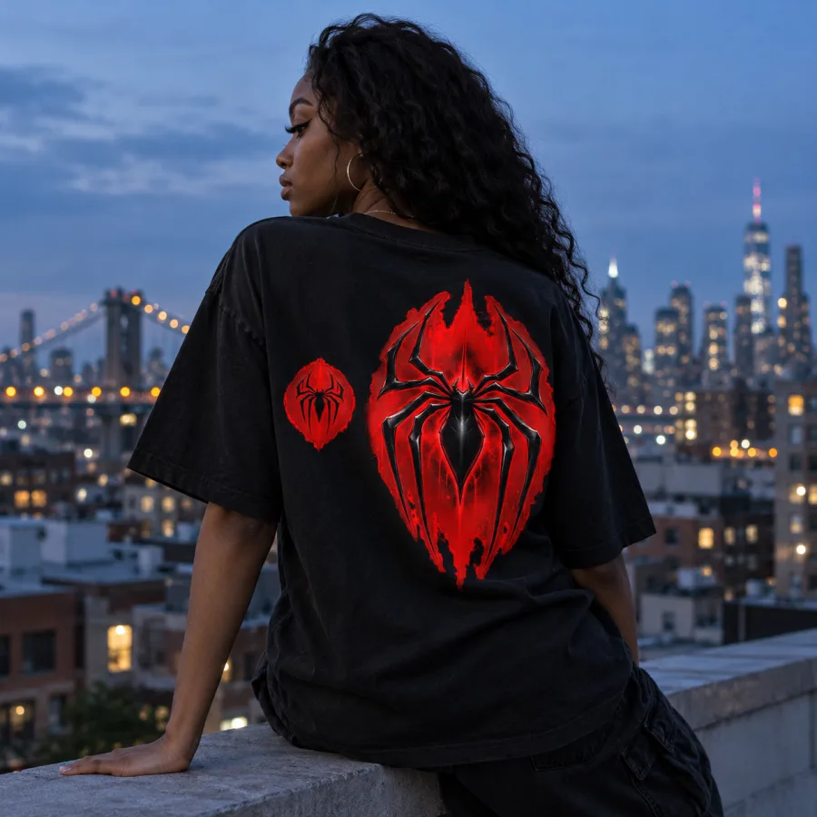 Young man in Spider-Man Shadow Emblem tee walking down a city street at night