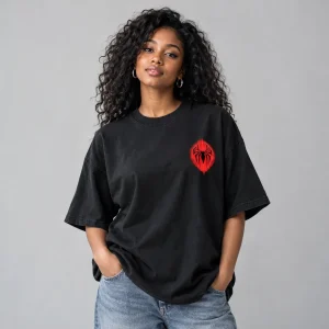Model wearing black oversized Spider-Man Shadow Emblem tee from the front