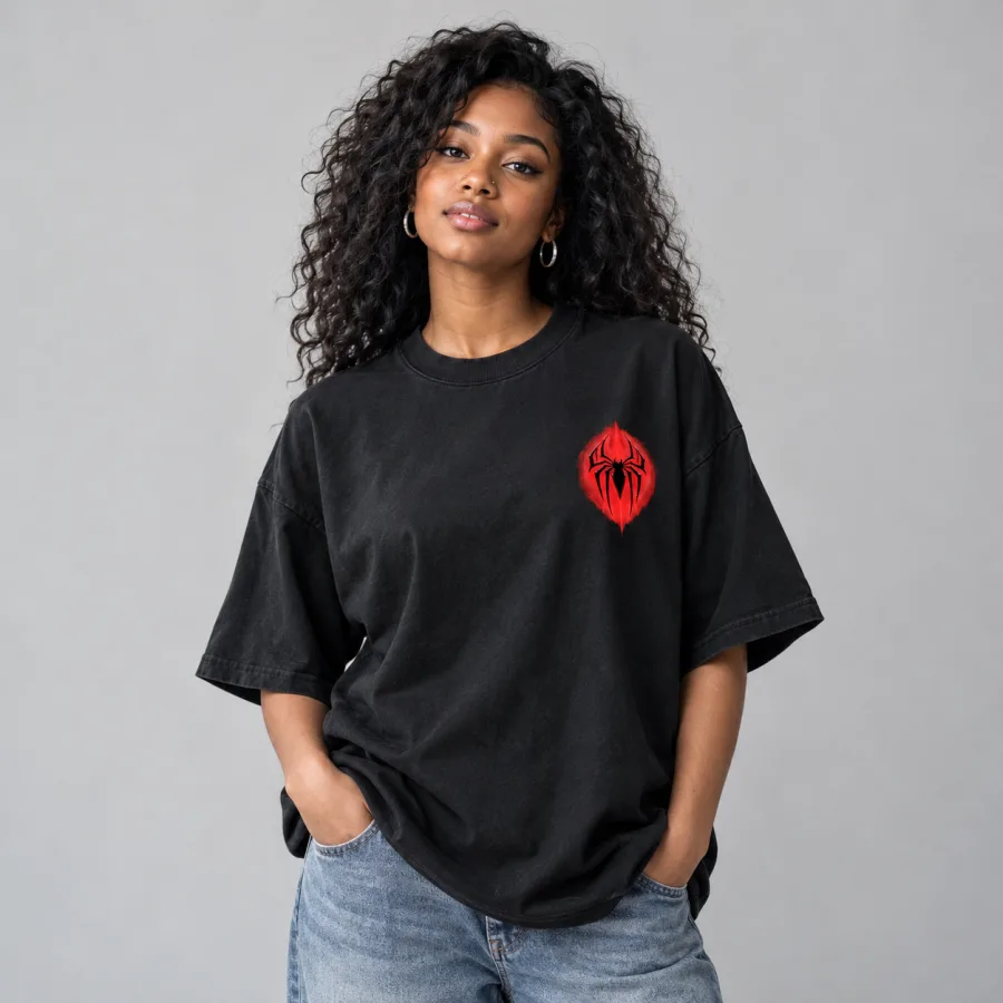 Model wearing black oversized Spider-Man Shadow Emblem tee from the front