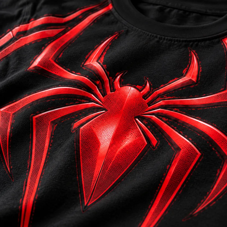 Close-up of the red spider emblem and shoulder stripe print