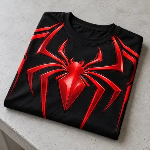 Folded Spider-Man Sleeve Stripe Emblem shirt with red emblem visible