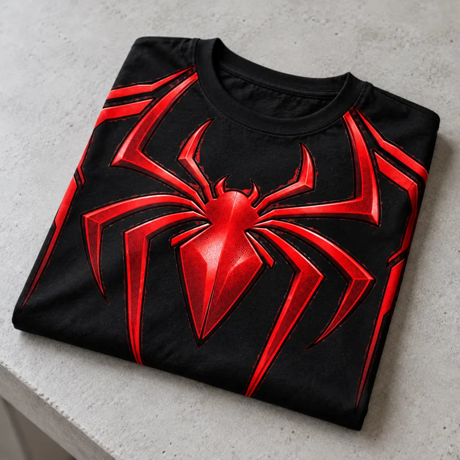 Folded Spider-Man Sleeve Stripe Emblem shirt with red emblem visible