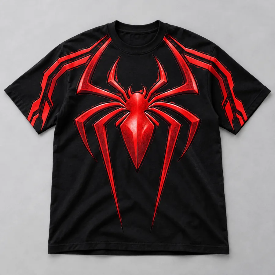 Front flat lay of black Spider-Man Sleeve Stripe Emblem t shirt