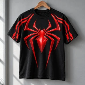 Black Spider-Man Sleeve Stripe Emblem tee on a hanger